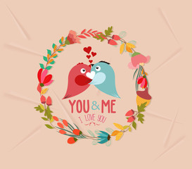 valentines day cute retro flowers wreath and bird