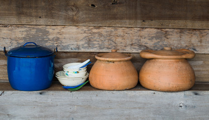 Thai traditional kitchenware on wooden background