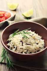 Tasty rice served on table, close-up
