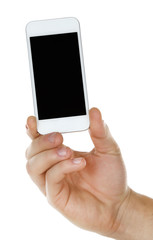 Hand holding mobile smart phone isolated on white