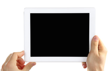 Hands holding tablet PC isolated on white