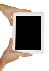 Hands holding tablet PC isolated on white