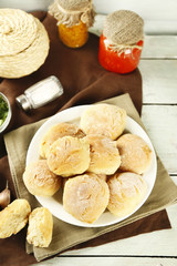 Fresh homemade bread buns from yeast dough with fresh garlic
