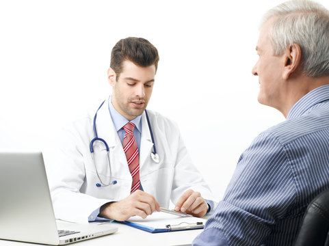 Young male doctor with old patient