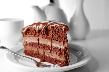 Delicious chocolate cake on plate on table on light background