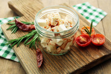 Feta cheese on table