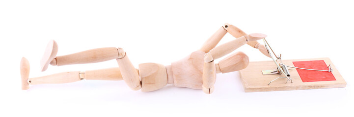 Mousetrap captured wooden mannequin, isolated
