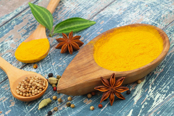 Tumeric powder, star anise, cardamon and coriander seeds