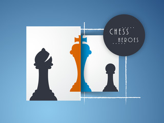 Chess figures bishop, king and pawn on blue background.