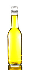 Colorful alcoholic beverage in glass bottle isolated on white