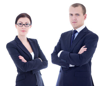 portrait of young handsome man and beautiful woman in business s