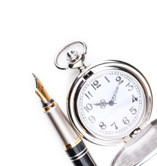 Silver pocket clock with pen isolated on white