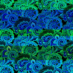 Neon ornate pattern with stripe and paisley. Decorative design
