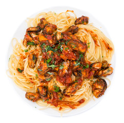 Portion of Spaghetti with Mussels (over white)