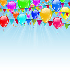 Holiday background with birthday flags and confetti in the blue