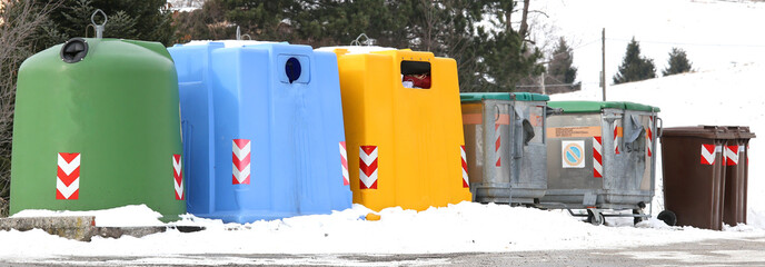 trash bins for waste paper and used glass bottles