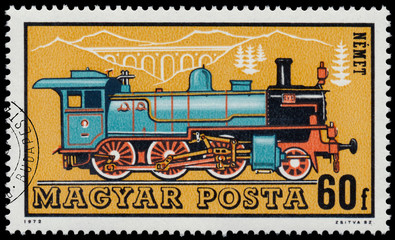 Fototapeta na wymiar Stamp printed in Hungary shows german locomotive