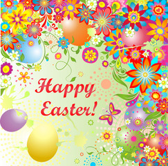 Easter card with colorful eggs and flowers