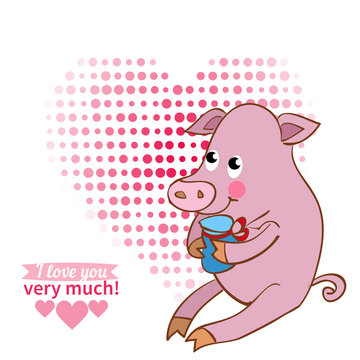 Illustration drawn by animal pig declaration of love
