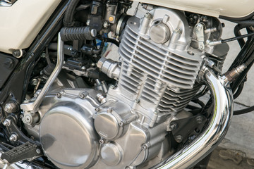Closeup of chromed motorcycle engine
