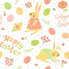 Fotobehang Happy Easter seamless pattern with cute bunnies and eggs. © baksiabat