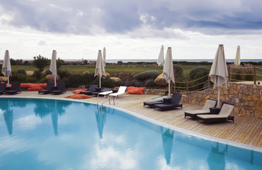 empty recreation place near swimming pool; Algarve, Portugal