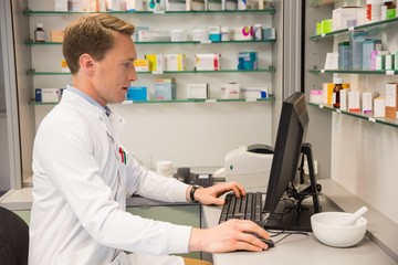 Handsome pharmacist using the computer