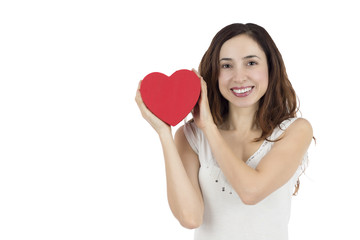 Valentines day woman holding a heart and smiling