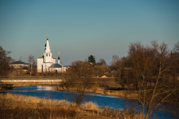 Old russian town landscape with church. View of Suzdal