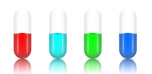 Color pills (capsules) with reflections isolated