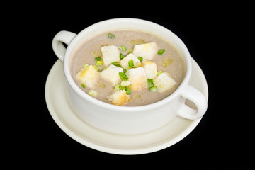 close up of mushroom soup and bread