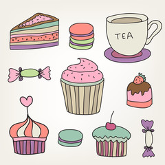 set of vector cute colorful hand drawn sweets, cakes