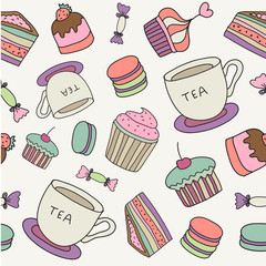 vector hand drawn cakes, sweets, macaroons, tea cup seamless