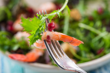Fresh prawn, salad leaf and pomegranate seed on fork