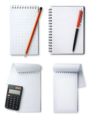 set notebook and pencil, pen and calculator on white background