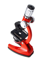 Red microscope isolated on white background