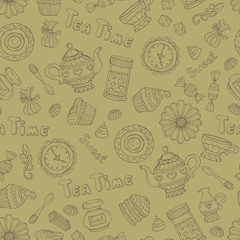 Vector pattern with hand drawn tea time symbols on green color