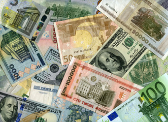 Background. Euro banknotes, US dollars and Belarus currency (rub