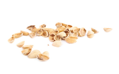 Pile of multiple pistachio shells isolated