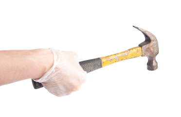 Worker's caucasian male hand holding tool