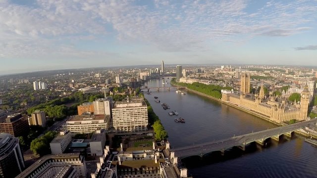 Aerial panorama of central London, UK. Features the River Thames