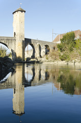 Old medieval fortified bridge across Gave de Pau River in Orthez
