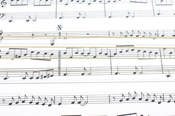 Six metal acoustic guitar strings over sheet music notes