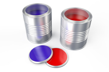 Cans with color paint, purple and red