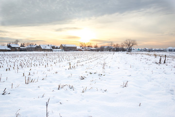Rural village home in winter time