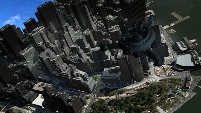 3d animation UFO is flying over the town