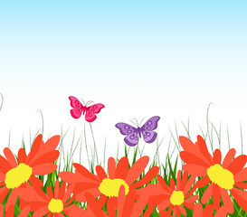 background with yellow sunflowers, green grass and butterflies
