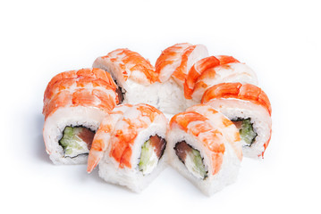 Sushi rolls maki with fresh salmon isolated on white
