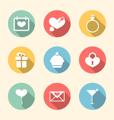 Fototapeta premium Trendy flat icons for Valentines Day, style with long shadows