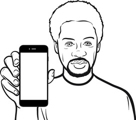 line drawing of a black man showing a mobile app on a smart phon